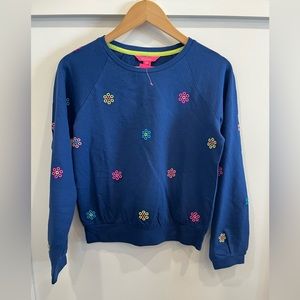 Lilly Pulitzer Landyn Sweatshirt Blue Embroidered Floral Athleisure Boho XS NWT